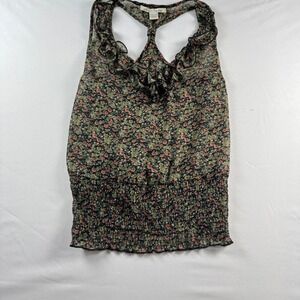 American Rag Womens Floral Ruffle Racerback Smocked Hem Tank Top XS Multi-Color